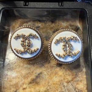 CHANEL Gold and Cream Logo Earrings made from Authentic buttons